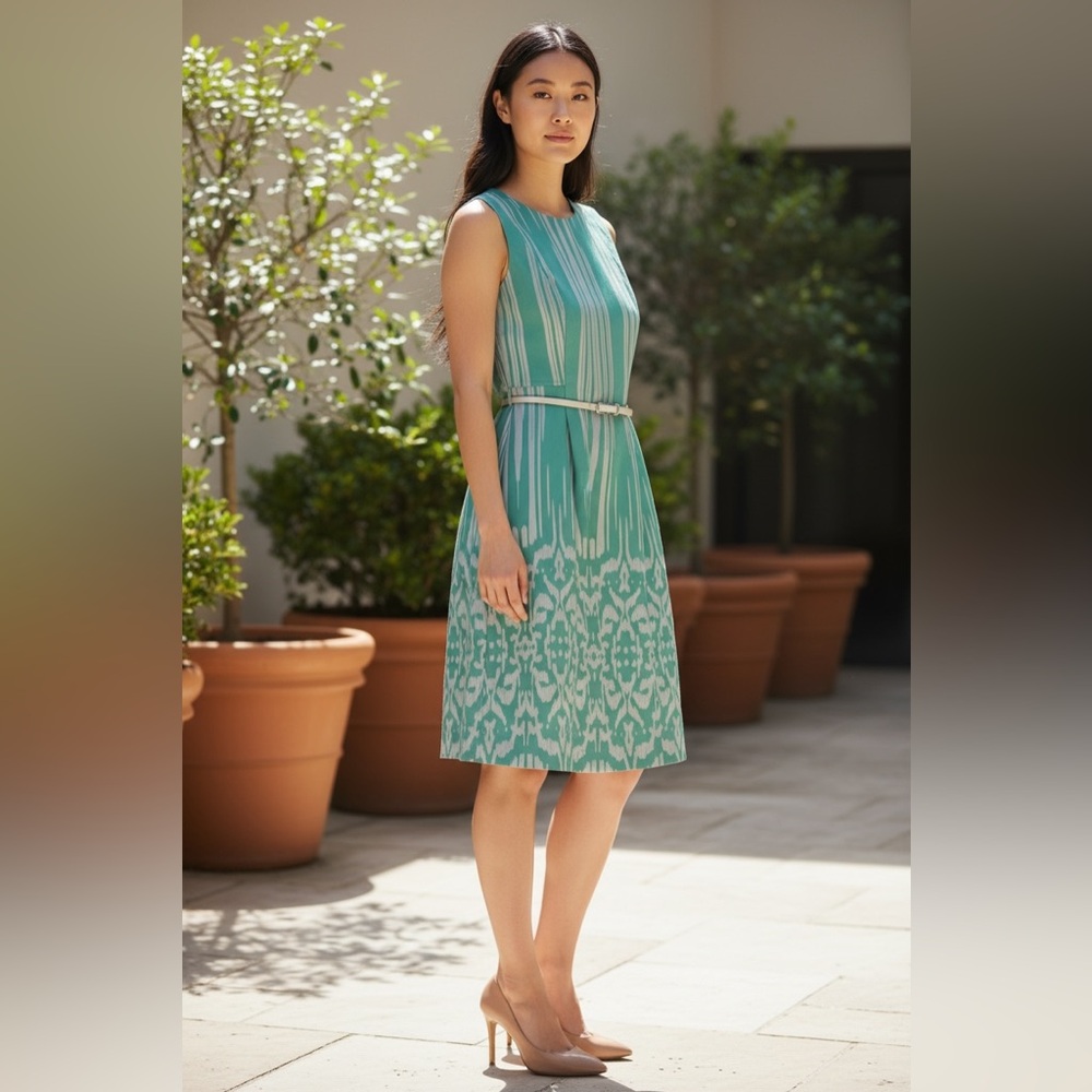 Calvin Klein Green Ivory Jacquard Belted Midi Sheath Dress Size 2